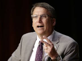 In this May 4, 2016 file photo, North Carolina Gov. Pat McCrory make remarks concerning House Bill 2 while speaking during a government affairs conference in Raleigh, N.C.