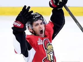 Ottawa Senators left wing Clarke MacArthur celebrates his goal against the Boston Bruins on April 15.