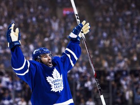 Toronto Maple Leafs centre Nazem Kadri celebrates his goal against the Washington Capitals on April 17.