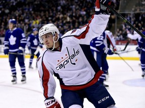 Washington Capitals defenceman Nate Schmidt celebrates his goal during first period action against the Maple Leafs in Toronto on Tuesday night.