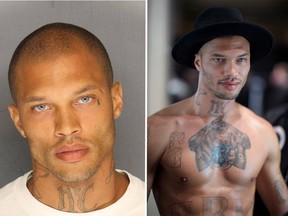 Left, Jeremy Meeks' mugshot. Right, Meeks in February as he prepares for the Philipp Plein Fall/Winter 2017/2018 Women's And Men's Fashion Show at The New York Public Library.