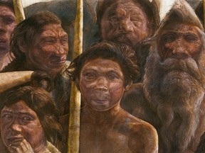 This artist's rendering provided by Madrid Scientific Films in December 2013 shows Sima de los Huesos hominins who are estimated to have lived approximately 400,000 years ago during the Middle Pleistocene.