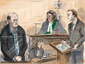 A courtroom sketch of Joseph Galaska, left, during his bail hearing in Brampton, Ont. on April 7, 2017.