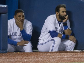 The look of frustration is evident in the faces of Ezequiel Carrera, left, and Jose Bautista of the Toronto Blue Jays as they lose their ninth game in 10 starts Friday night at the Rogers Centre. Final score was 6-4 for the Baltimore Orioles, making it seven straight losses.