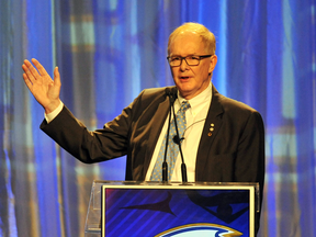 John Furlong speaks at the UBC Millennium Scholarship Breakfast in February. His appearance had initially been cancelled due to protests.