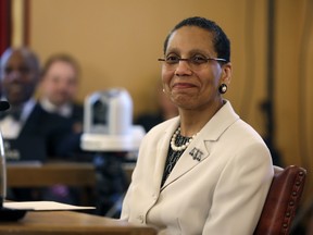 In this April 30, 2013 file photo, Justice Sheila Abdus-Salaam looks on as members of the state Senate Judiciary Committee vote unanimously to advance her nomination to fill a vacancy on the Court of Appeals at the Capitol in Albany, N.Y.