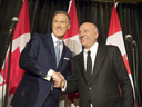 Kevin O'Leary, right, announces at Toronto's Royal York Hotel that he is stepping out of the Conservative leadership race and is backing fellow nominee Maxime Bernier.