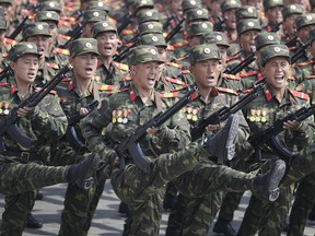 In this April 15, 2017, file photo, soldiers march across Kim Il Sung Square during a military parade in Pyongyang, North Korea