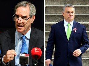 Left, President and Rector of the Central European University (CEU) Michael Ignatieff speaks during a press conference in Budapest on March 29, 2017. Right, Hungarian prime minister Viktor Orban at a public event in March, 2017.