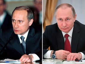 Left, Vladimir Putin in 2000. Right, Vladimir Putin in 2017.