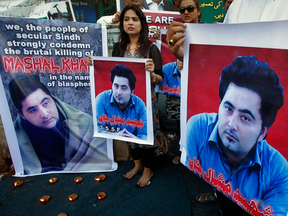 Pakistani activists in Karachi protest Mashal Khan’s murder, which was triggered, authorities say, by a false charge of blasphemy against Islam.