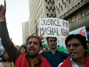Pakistani activists protest in Karachi on April 14, 2017 against the killing of student Mashal Khan.
