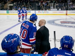 NBC analyst Pierre McGuire interviews New York Rangers forward J.T. Miller before a game this season.