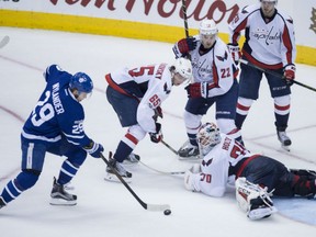William Nylander of the Toronto Maple Leafs is on the verge of scoring past Washington Capitals' goaltender Braden Holtby during Game 3 action in their East Conference quarter-final Monday night in Toronto. The Leafs were 4-3 winners in overtime to take a 2-1 lead in the series.