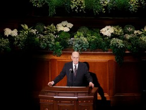 Mormon leader Henry Eyring addresses the crowd at the Mormon conference on April 1, 2017.