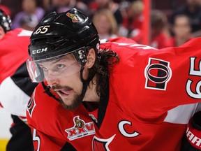 Erik Karlsson prepares for a faceoff against the New York Rangers on April 27.