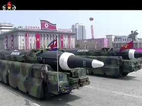 Missiles are paraded at Kim Il Sung Square in Pyongyang, Saturday, April 15, 2017.