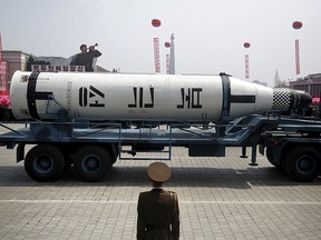 A submarine missile is paraded across the Kim Il Sung Square during a military parade on Saturday, April 15, 2017, in Pyongyang, North Korea to celebrate the 105th birth anniversary of Kim Il Sung, the country's late founder and grandfather of current ruler Kim Jong Un.