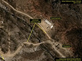 This satellite image released and notated by Airbus Defense & Space and 38 North on Wednesday, April 12, 2017, shows the Punggye-ri nuclear test site in North Korea.