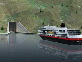 In this computer rendering, a ferry approaches the entrance of a tunnel for ships.