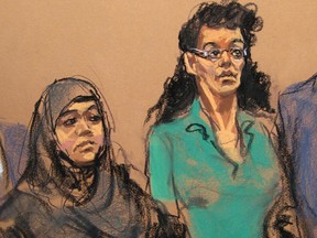 In this April 2, 2015 courtroom file sketch, defendants Noelle Velentzas, left and Asia Siddiqui, appear at federal court in New York after they were arrested for plotting to build a homemade bomb and wage jihad in New York City.