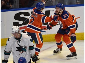 Edmonton Oilers David Desharnais (13) celebrates his overtime goal with Leon Draisaitl (29) defeating the San Jose Sharks 4-3 during game five of the first round of NHL playoff action at Rogers Place  in Edmonton, April 21, 2017.
