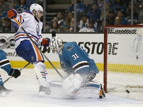 Edmonton Oilers' Leon Draisaitl scores a goal past Sharks goalie Martin Jones during the second period of Game 6 of their first-round NHL playoff series on Saturday night in San Jose, Calif.