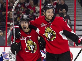 Jean-Gabriel Pageau, left, celebrates his goal with Mark Stone during the third period of Saturday's victory over the New York Rangers at the Canadian Tire Centre.