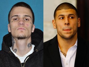 Police booking photo of Kyle Kennedy in 2015 and photo of Aaron Hernandez in the Attleboro District Court during his hearing.