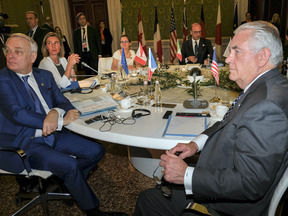 U.S. Secretary of State Rex Tillerson, right, at a meeting of G7 foreign ministers in Lucca, Italy, Tuesday, April 11, 2017.