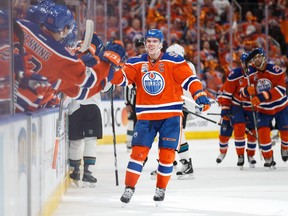 Edmonton Oilers forward Connor McDavid celebrates his shorthanded goal against the San Jose Sharks on April 14.