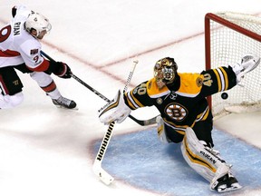 Bobby Ryan of the Ottawa Senators scores the game-winning goal in overtime past Boston Bruins' goaltender Tuukka Rask to give the Sens a 4-3 win in Game 3 of their East Conference quarter-final Monday night in Boston. The Sens lead the series, 2-1.