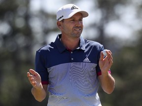 Sergio Garcia claps after putting out on the 18th hole during the second round of the 2017 Masters Tournament at Augusta National Golf Club on April 7, 2017.