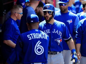Toronto Blue Jays centre fielder Kevin Pillar (right) celebrates his eighth-inning home run against the Los Angeles Angels on April 23.