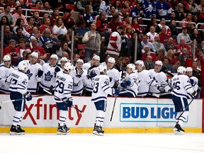 Members of the Toronto Maple Leafs celebrates a goal at Joe Louis Arena on January 25, 2017. Tonight will be their last visit to the 37-year-old arena. The Red Wings move to Little Caesars Arena next season.