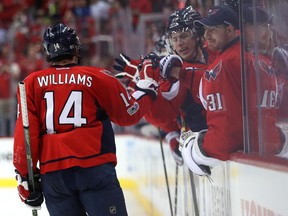 Washington Capitals forward Justin Williams celebrates his goal against the Toronto Maple Leafs on April 13.