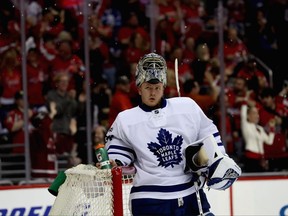 Toronto Maple Leafs goalie Frederik Andersen looks on against the Washington Capitals on April 15.