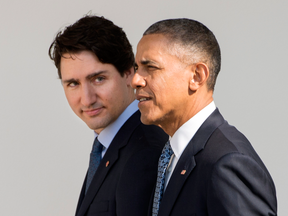 Prime Minister Justin Trudeau and U.S. President Barack Obama walk outside the White House on March 10, 2016.