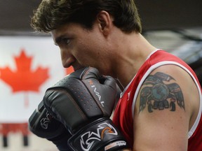 Prime Minister Justin Trudeau spars Gleason's Boxing Gym in Brooklyn, New York on Thursday, April 21, 2016. Trudeau was there to train with kids from the "Give A Kid A Dream" program that works to provide mentorship to disadvantaged youths through the sport of boxing.