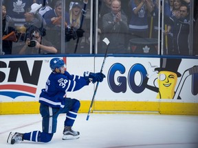 Toronto Maple Leafs forward Auston Matthews celebrates his goal against the Washington Capitals on April 17.