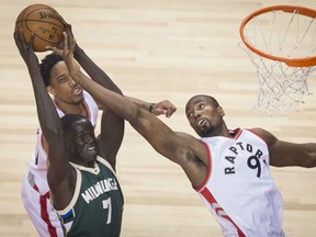 Raptors forward Serge Ibaka blocks a shot by the Milwaukee Bucks' Thon Maker during Game 2 of their first-round NBA playoff series at the Air Canada Centre in Toronto on Tuesday night. The Raptors won 106-100