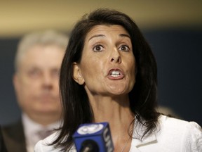 United States Ambassador to the United Nations Nikki Haley speaks to reporters outside the General Assembly at U.N. headquarters. Haley said Sunday, April 2, 2017, in an interview aired Sunday on ABC's "This Week" there's no question Russia was involved in the U.S. presidential election and that the actions of the Kremlin will be addressed after the investigations are completed.