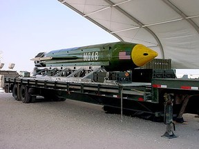 This photo provided by Eglin Air Force Base shows the GBU-43/B Massive Ordnance Air Blast bomb.