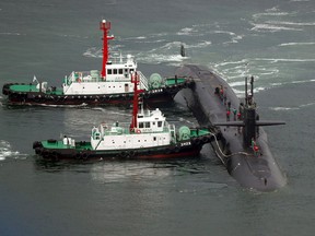 The nuclear-powered submarine USS Michigan approaches the port city of Busan on April 25, 2017.