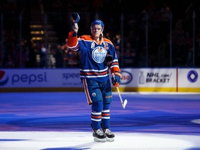 Connor McDavid the Edmonton Oilers acknowledges the crowd after being named second star of the game against the Vancouver Canucks on April 9, 2017 at Rogers Place in Edmonton.