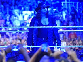 Undertaker gazes at the crowd after his final Wrestlemania match on Sunday, April 2, 2017, in Orlando, Fla.