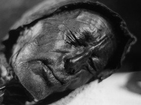 Head of bog body Tollund Man. Found on 1950-05-06 near Tollund, Silkebjorg, and dated to approximately 375-210 BCE.