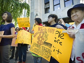 A group of protestors gathered outside of  Vancouver's City Hall to show their concerns over a large development at 105 Keefer street, where they believe there is a need for housing Chinatown's many seniors.