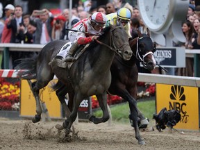 Cloud Computing (2), ridden by Javier Castellano, outduels Classic Empire, ridden by Julien Leparoux, to win the 142nd Preakness Stakes at Pimlico Race Course on May 20, 2017 in Baltimore.