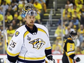 Nashville Predators goalie Pekka Rinne takes a break against the Pittsburgh Penguins on May 29.